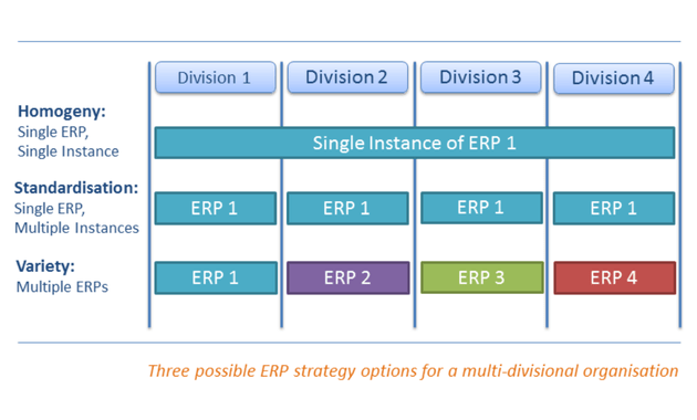 Three Possible ERP strategy options for a multi-divisional organisation